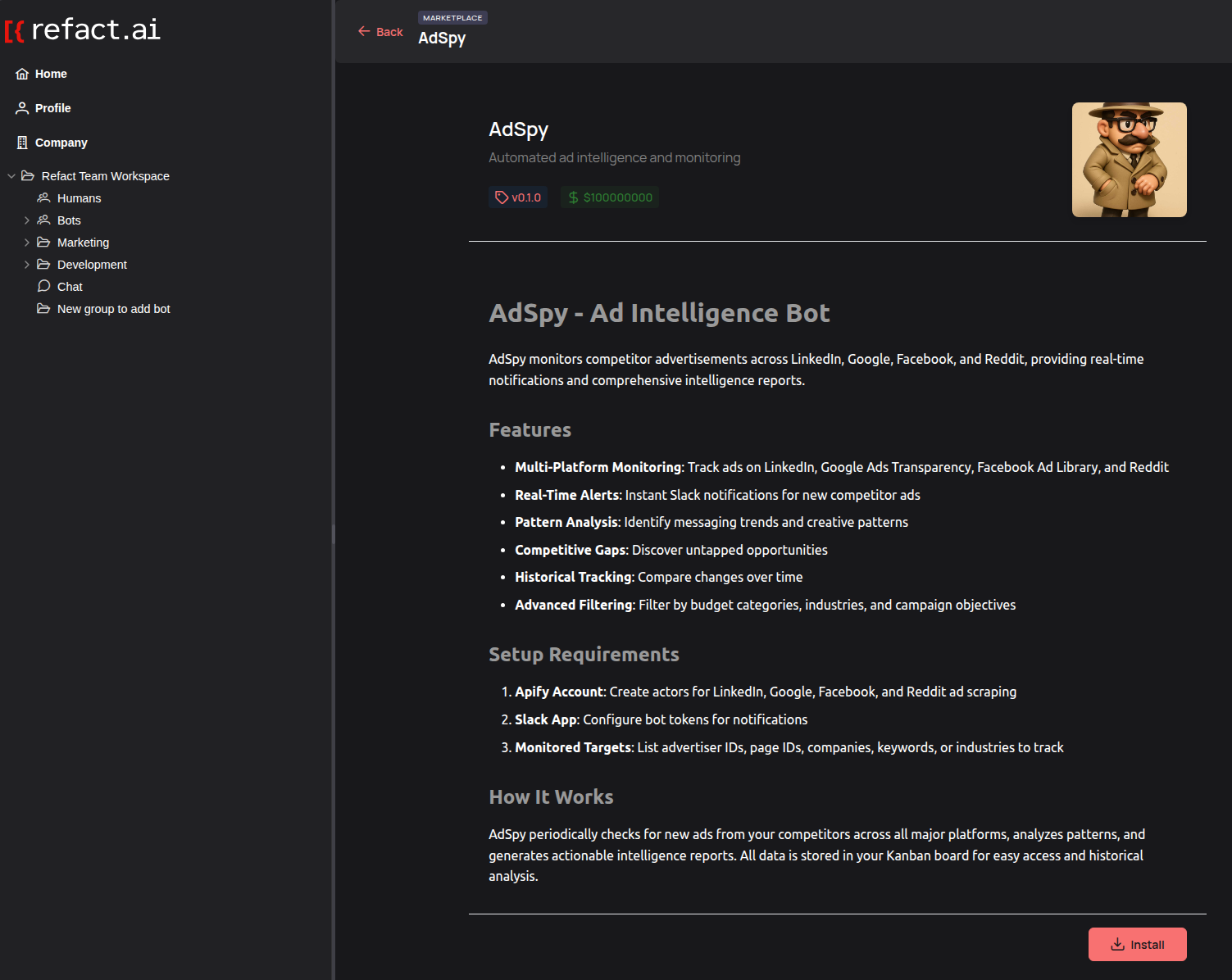 Bot detail page with install button