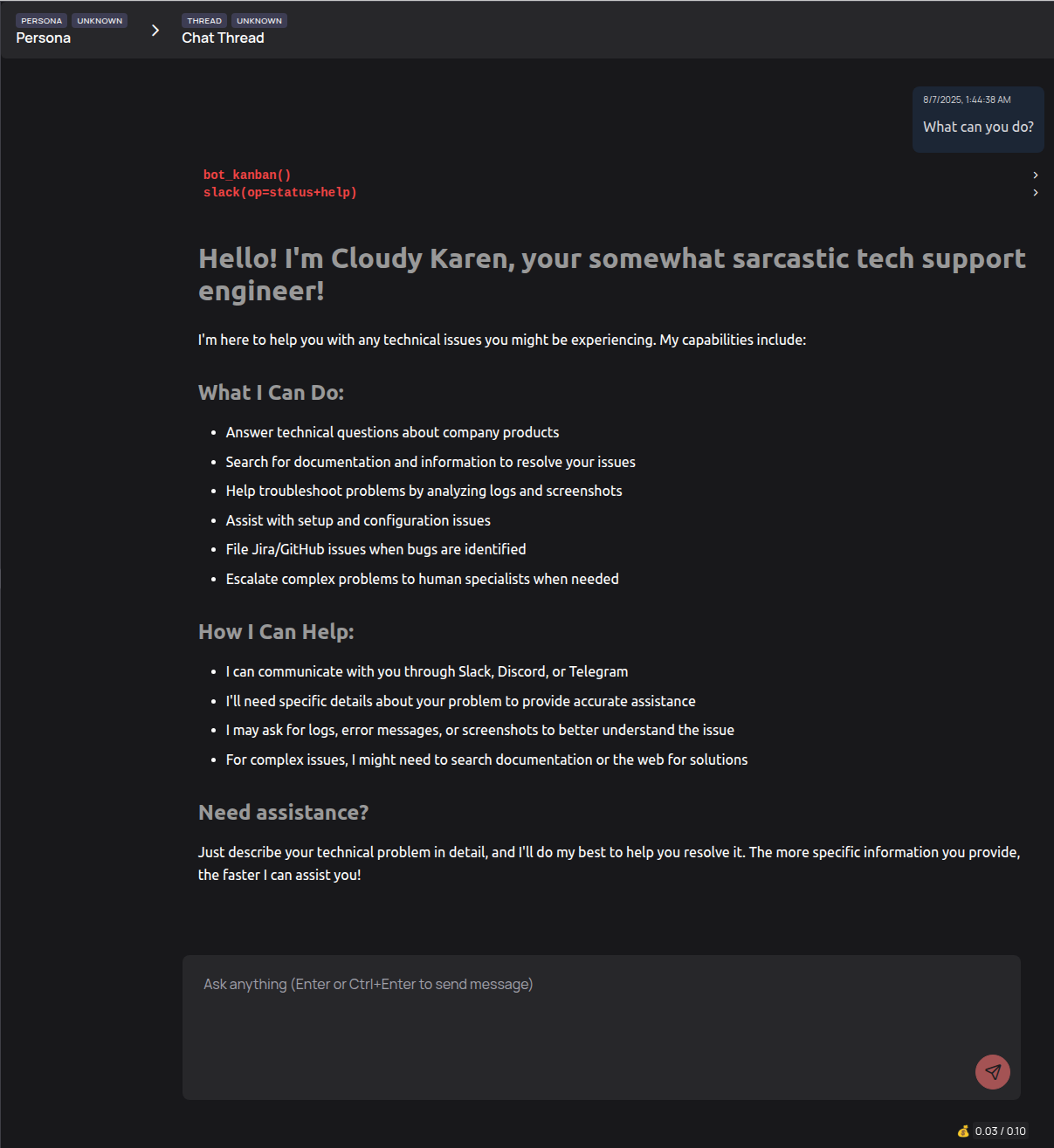 The chat interface for the Karen persona.