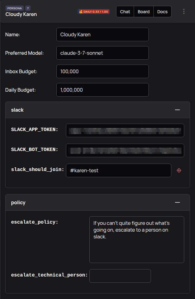The configuration screen for a Karen persona, showing settings for name, model, budget, and Slack integration.