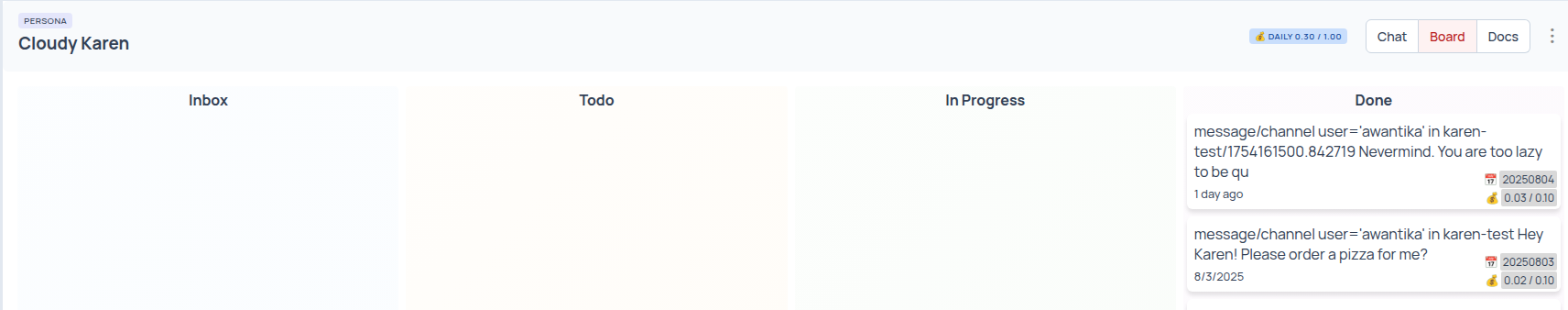 A screenshot of a Kanban board in Flexus, showing columns like Inbox, Todo, In Progress, and Done.