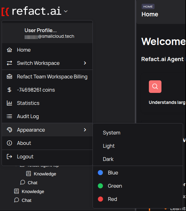 Appearance settings menu