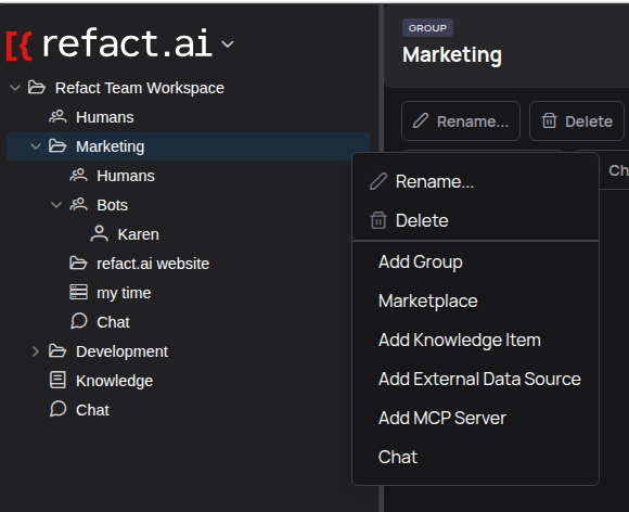 Context menu for a group