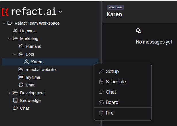Context menu for a persona